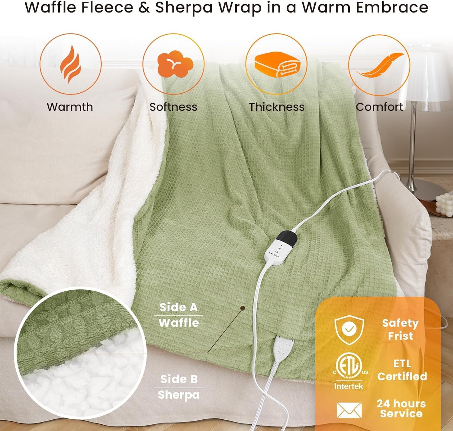 Heated Blanket Electric Throw Waffle, 50x60 Inches Sherpa Fleece Fast Heating Blanket 6 Heating Levels & 4 Hours Auto Off ETL Certification, Sage Green Throw