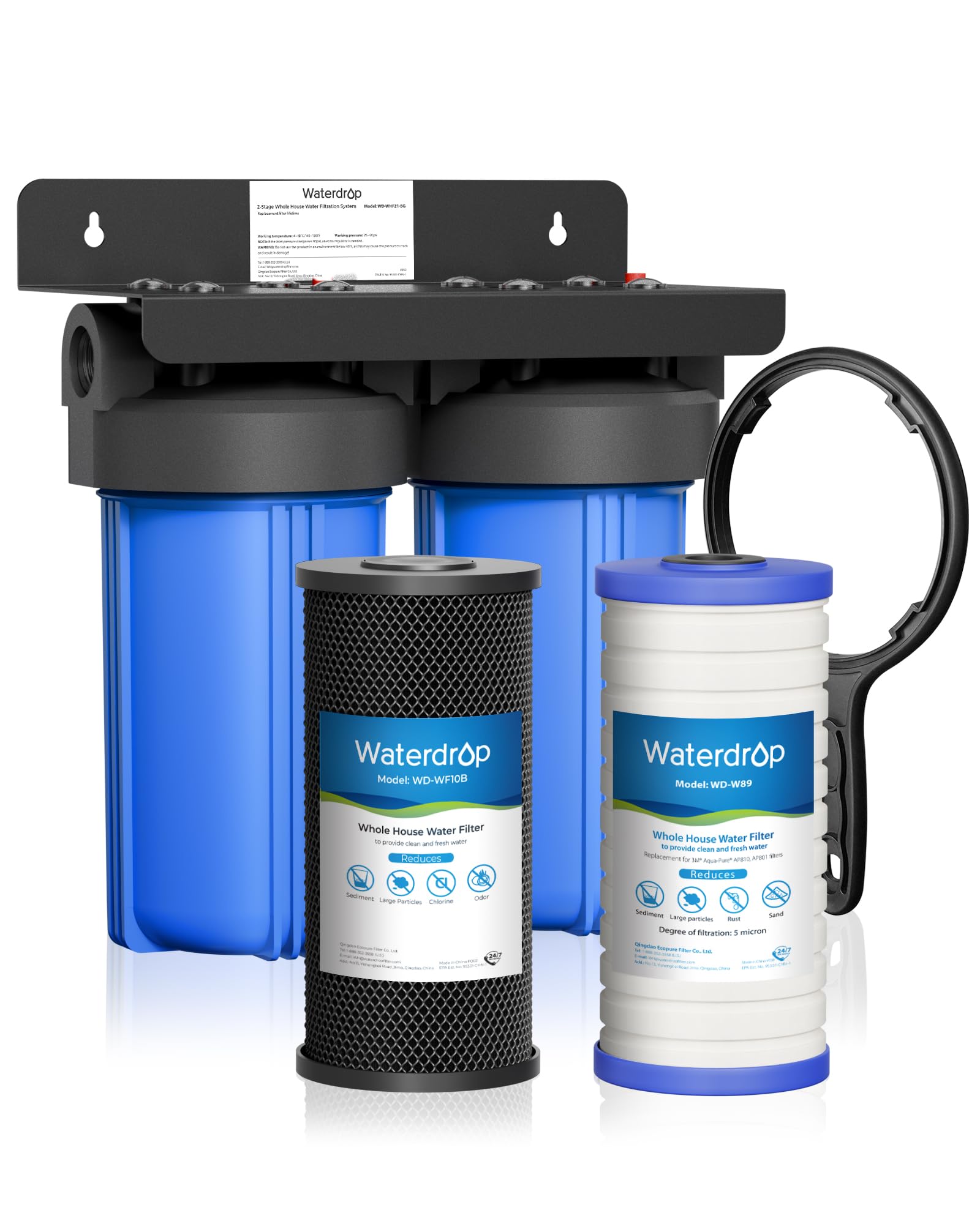 Waterdrop Whole House Water Filter System, with Carbon Filter and Sediment Filter, 5-Stage Filtration, Highly Reduce Lead, Chlorine, Odor and Taste, 2-Stage 5 Micron WD-WHF21-PG, 1" Inlet/Outlet