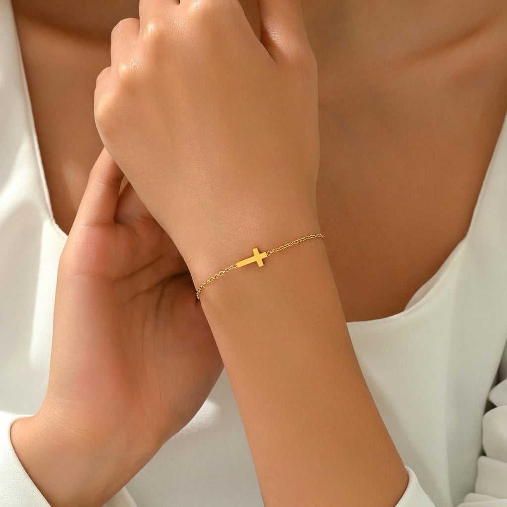 18K Gold Plated Pearl Beaded Chain Cross Bracelets for Women Adjustable Stainless Steel Dainty Thin Gold Box Cuban Twisted Link Chain Bracelet Bridesmaid Jewelry