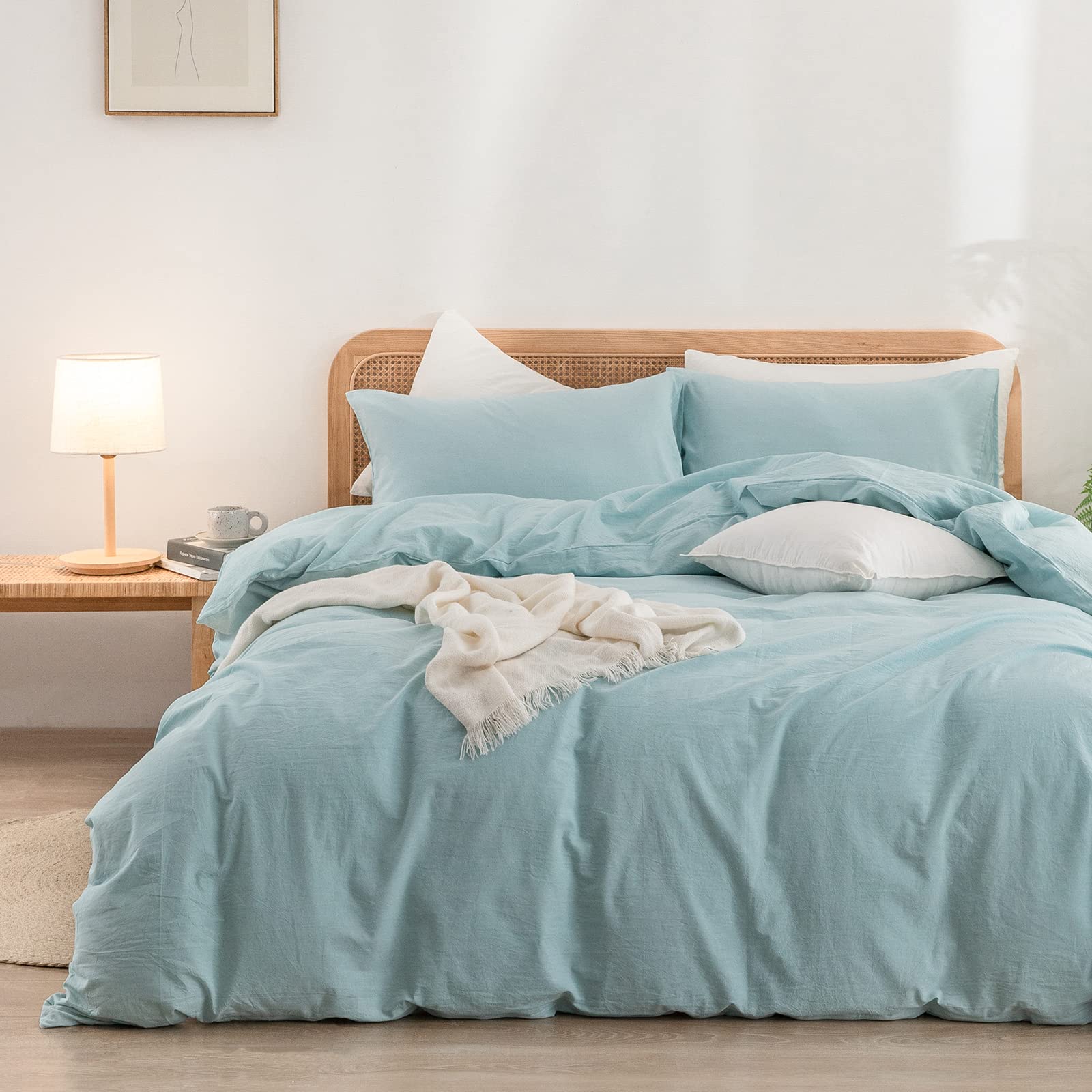 BESTOUCH 掛け布団カバーセット 100% 洗い加工コットン リネン風 超柔らか 快適 シック 軽量 3点セット ホーム寝具セット コーンフラワーブルー クイーン