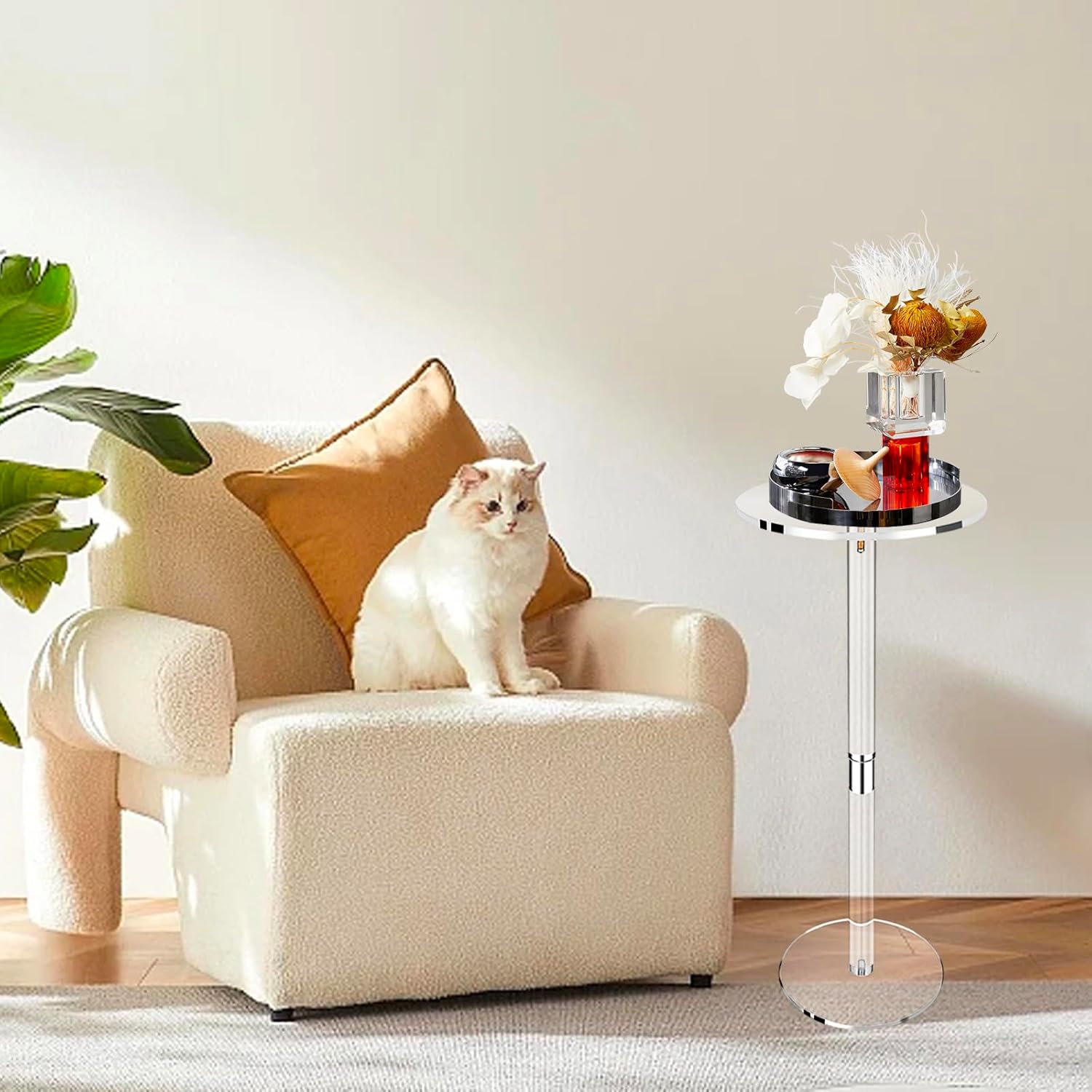 Acrylic Drink Table for Small Space 10" L x 10" W x 21.3" H Clear Side Table Round End Table Coffee Table Living Room Balcony Bedroom Bathroom Bar Easy Assembly