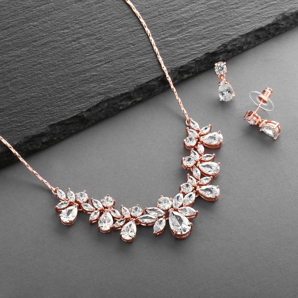 Mariell Rose Gold Multi-Shaped Cubic Zirconia Necklace & Earring Wedding Jewelry Set for Women and Brides