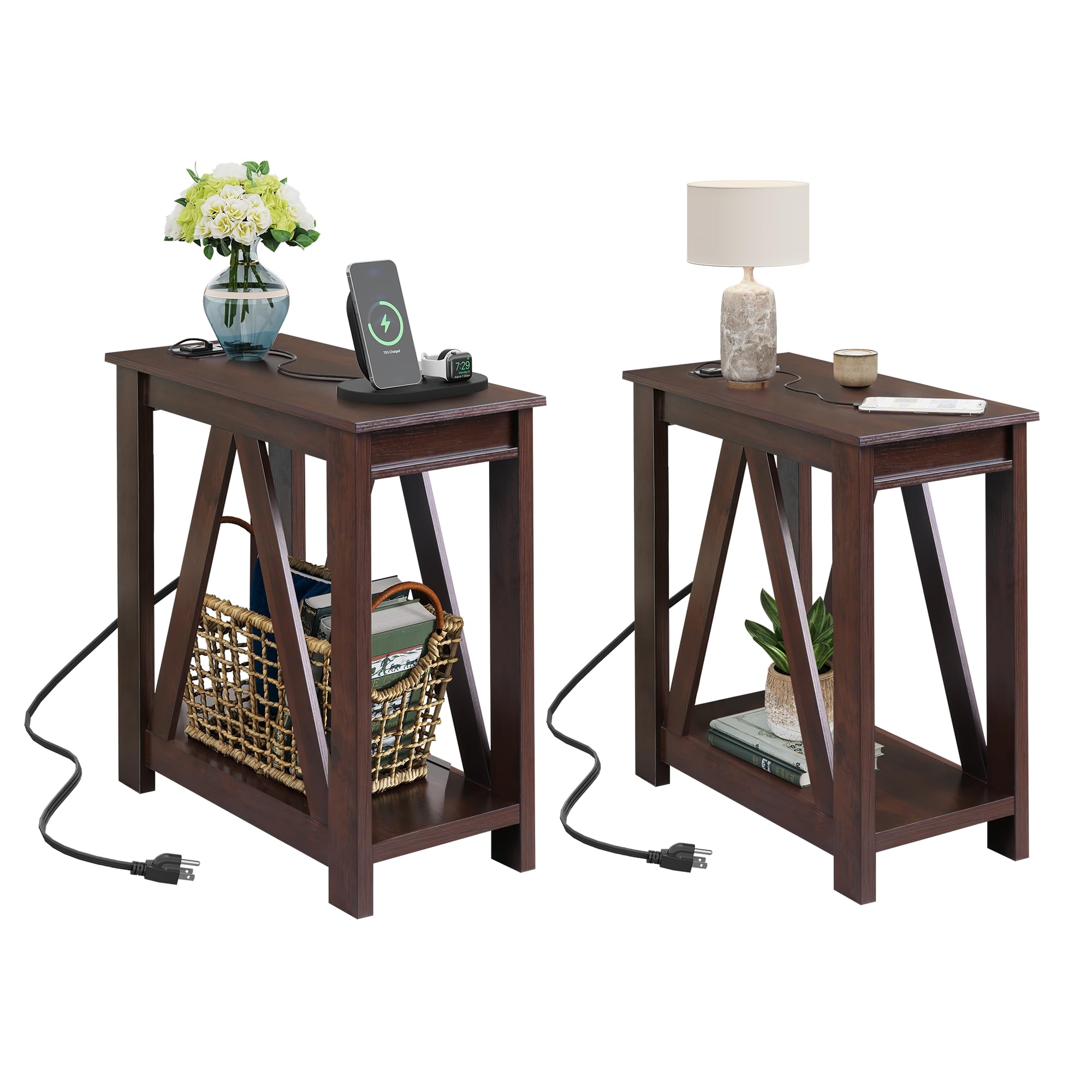 WLIVE Farmhouse End Table, Narrow Side Table with Charging Station, Slim End Table, Side Table for Bedroom, Living Room, Small Spaces, with 2 USB and 2 Power Outlets, 11.8" D x 23.6" W x 23.74" H