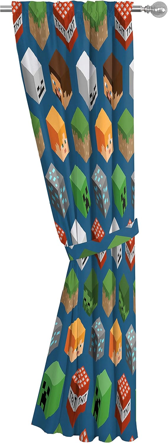 Jay franco Minecraft Isometric Blue 63 in Drapes 4 Piece Set - Beautiful Room Decor&Easy Set Up, Bedding Features Creeper - Window Curtains Include 2 Panels&2 Tiebacks (Official Minecraft Product)