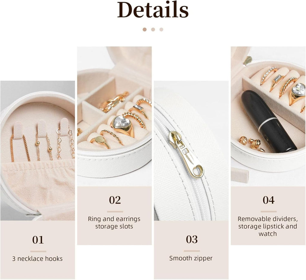 Small Jewelry Box Leather Travel Jewelry Case Waterproof Round Jewelry Organizer White For Womens Rings Necklaces Gifts Petoskey Stone