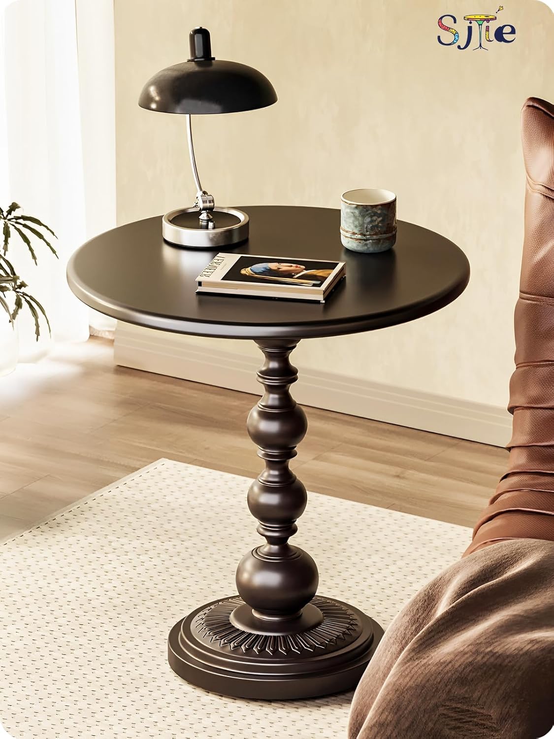 Side Table - 13.8" Round Small Accent Table with Metal Base, Multifunctional Vintage Coffee Table for Living Room, Bedroom, Office & Patio - Elegant Matte-Finished End Tables