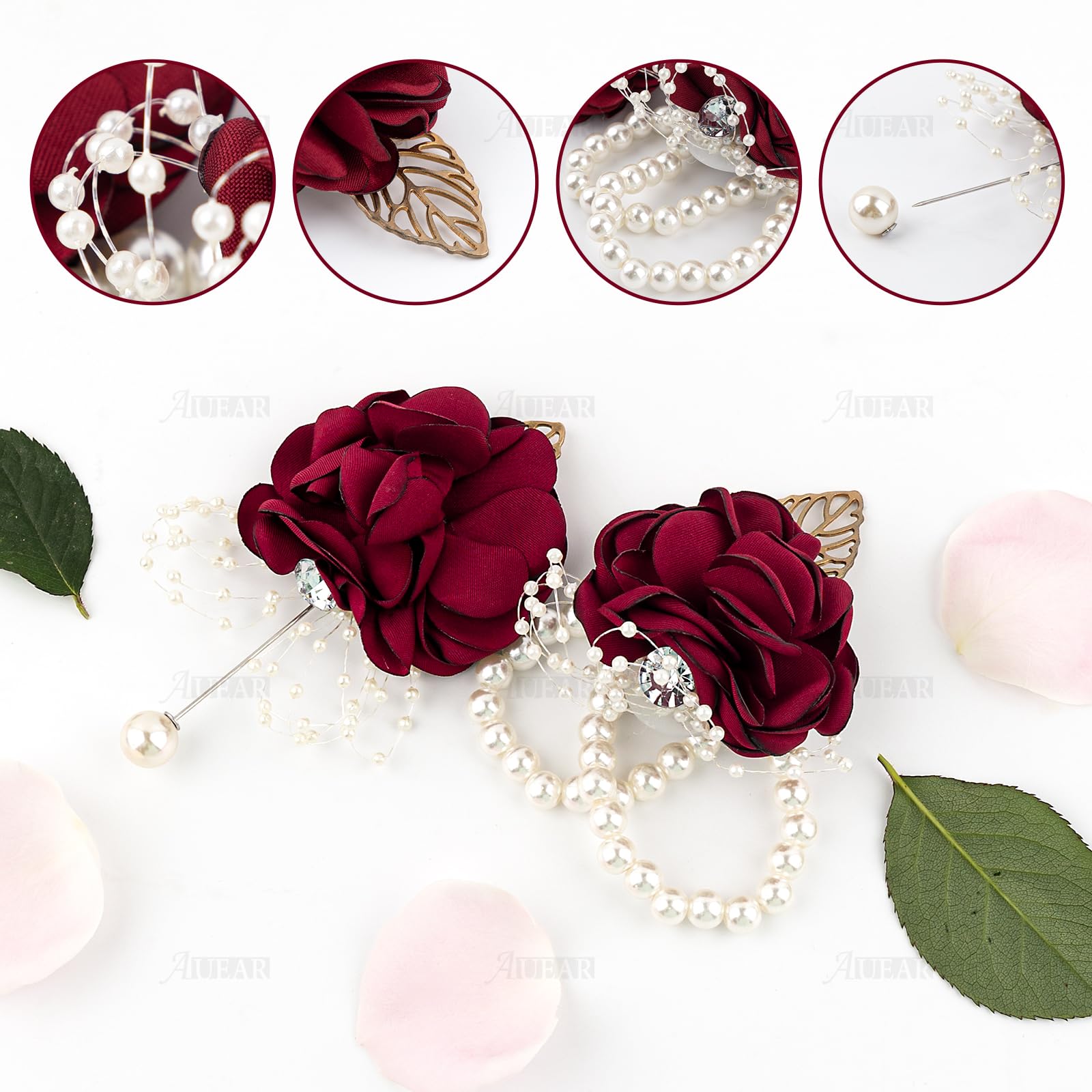 AUEAR, Rose Bridal Burgundy Red Wrist Corsage and Boutonniere Set Bridesmaid Hand Flower for Wedding