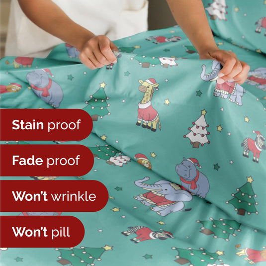 King Christmas Tree Sheet Set - Holiday Xmas Pattern Linen Set - Deep Pockets - Snug Fit - 4 Piece - Wrinkle Free - Comfy & Cooling Festive Winter Bedding - Easy To Care For - Kid Friendly