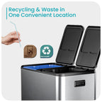 Home Zone Living 16 Gallon Kitchen Trash Can with Dual Compartments for Recycling, Stainless Steel, Silver, 60 Liters Total