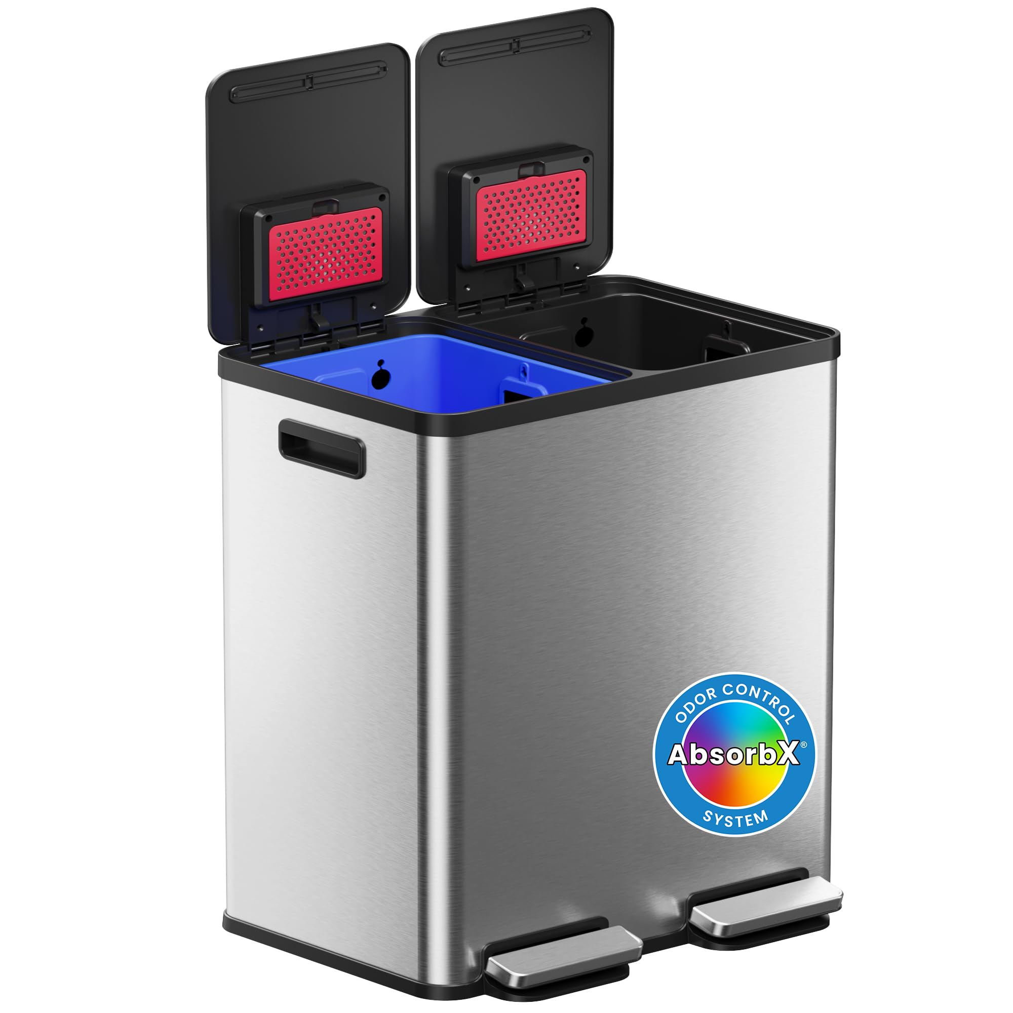 iTouchless 60 Liter / 16 Gallon Dual Compartment Kitchen Trash Can & Recycling Bin, Odor Filter, Soft-Close, Hands-Free Step Pedals, 2x 8-Gal Color-Coded Buckets, Smudge-Resistant Stainless Steel