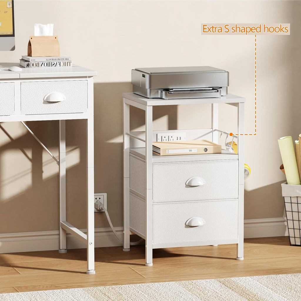 Furologee End Table with Charging Station, Nightstand with Fabric Drawers, Side Tables with USB Ports & Outlets, Night Stand with Storage Shelf & Hooks, for Living Room/Bedroom, White