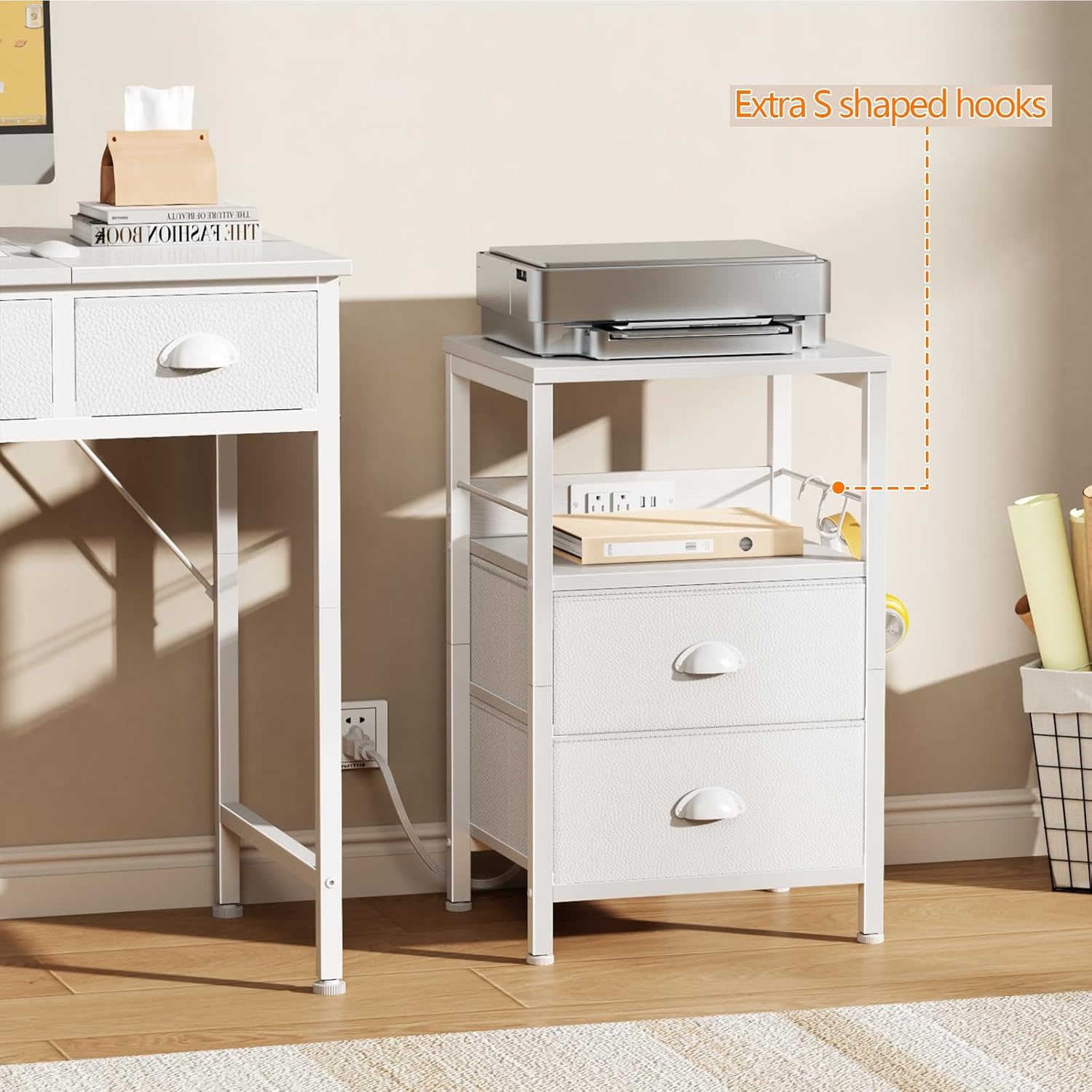 Furologee End Table with Charging Station, Nightstand with Fabric Drawers, Side Tables with USB Ports & Outlets, Night Stand with Storage Shelf & Hooks, for Living Room/Bedroom, White