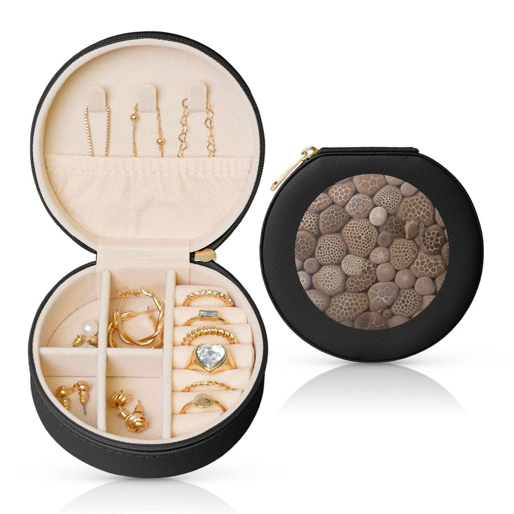 Petoskey Stone Jewelry Case Small Jewelry Box Gift for Women Leather Travel Jewelry Organizer Round Storage Purse with Zipper Display Storage Box for Rings Earrings Necklaces