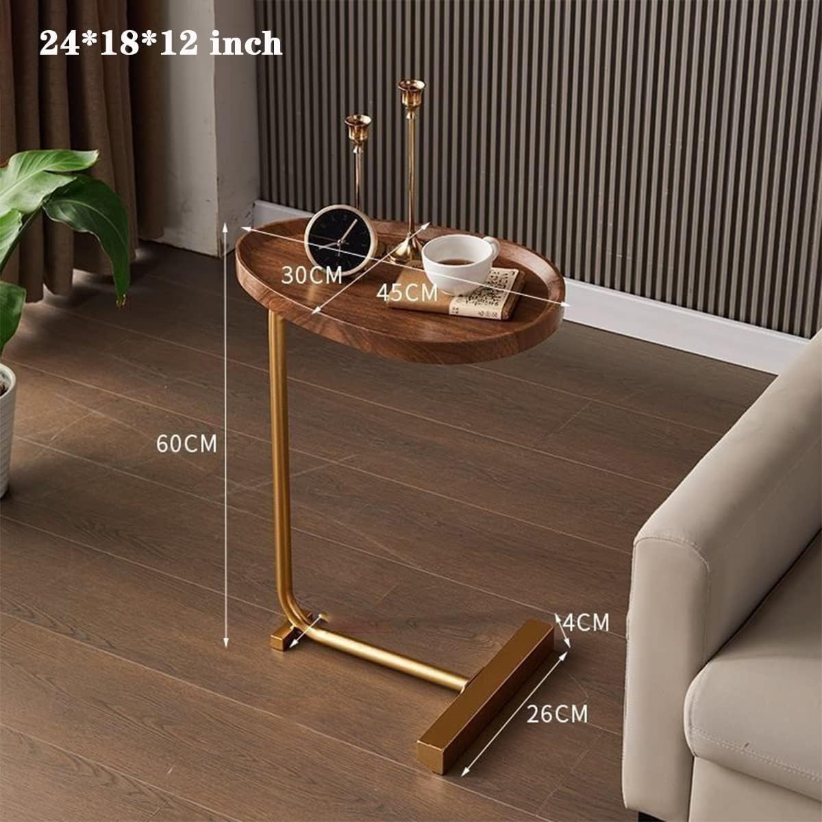 Small Side End Table New C Table Narrow Round Bed Sofa Couch Coffee Dinner Table for Snack Drink TV Tray, Slim Gold Rustic End Table Modern Simplicity, Metal and Wood - 24 Inch