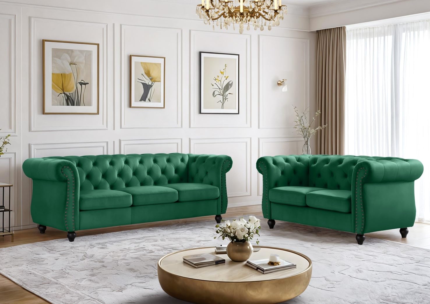 Container Furniture Velvet Chesterfield Couch, Button-Tufted Backrest, Rolled Arms, High-Density Foam with Spring Support, Elegant Accent Piece, Sofa, Dark Blue