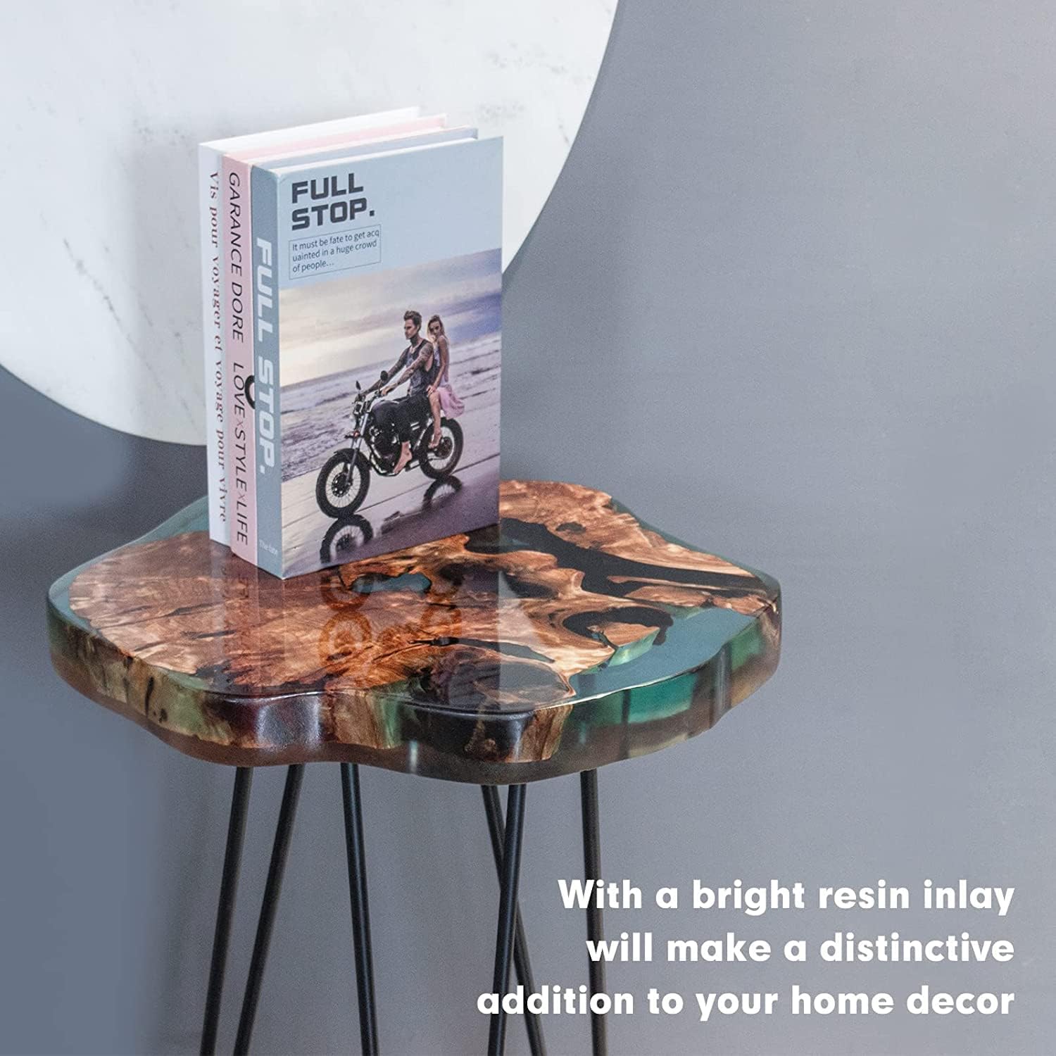 Crystal Clear Epoxy Resin Natural Edge Wood end Table, Wood Resin Side Table Hand Made Craft Coffee Table with Hairpin legs-20 inch Tall (Blue)