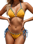 Maillot de bain deux pièces pour femmes Zojuyozio, maillots de bain bicolores, ensemble bikini triangle à cordon halter, jaune et bleu S