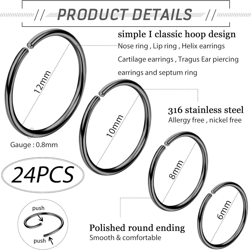 LOYALLOOK 18/24Pcs Hypoallergenic Nose Rings Hoops 316L Surgical Stainless Steel Lightweight Small Piercing Jewelry for Women Men Cartilage Tragus Helix