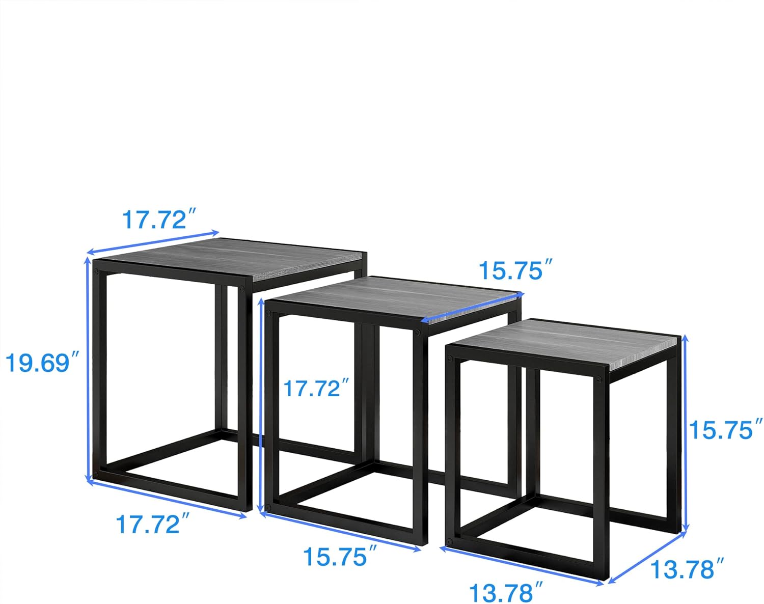 Nesting Table Set of 3 Side Tables, Modern Coffee Table Stacking End Table with Metal Frame (A-Square, Grey)