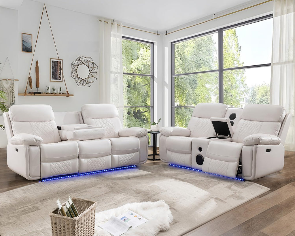 Power Recliner Sofa Set for Living Room, 3 Seater Faux Leather Reclining Couch Sofa, Home Theater Love seat Sets with Bass Speaker, Loveseat Recliner with Cup Holder, USB Port, LED Lights, White