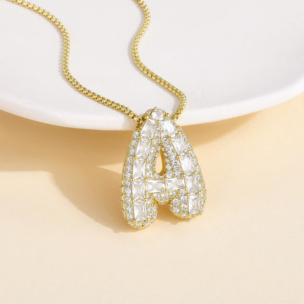 KissYan Bubble Letter Necklace, 14K Gold Plated Personalized Puffy Balloon Initial Pendant with Elegant Box Chain, Inlaid Square & Round CZ Stones for Women Dainty Jewelry Gifts (Gold R)