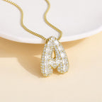 KissYan Bubble Letter Necklace, 14K Gold Plated Personalized Puffy Balloon Initial Pendant with Elegant Box Chain, Inlaid Square & Round CZ Stones for Women Dainty Jewelry Gifts (Gold R)