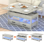 42'' Lift Top Coffee Table with LED, 4-in-1 Multifunctional Coffee Table with Drawers and Hidden Compartments, Converts to Dining Table for Living Room, Reception Room, Grey