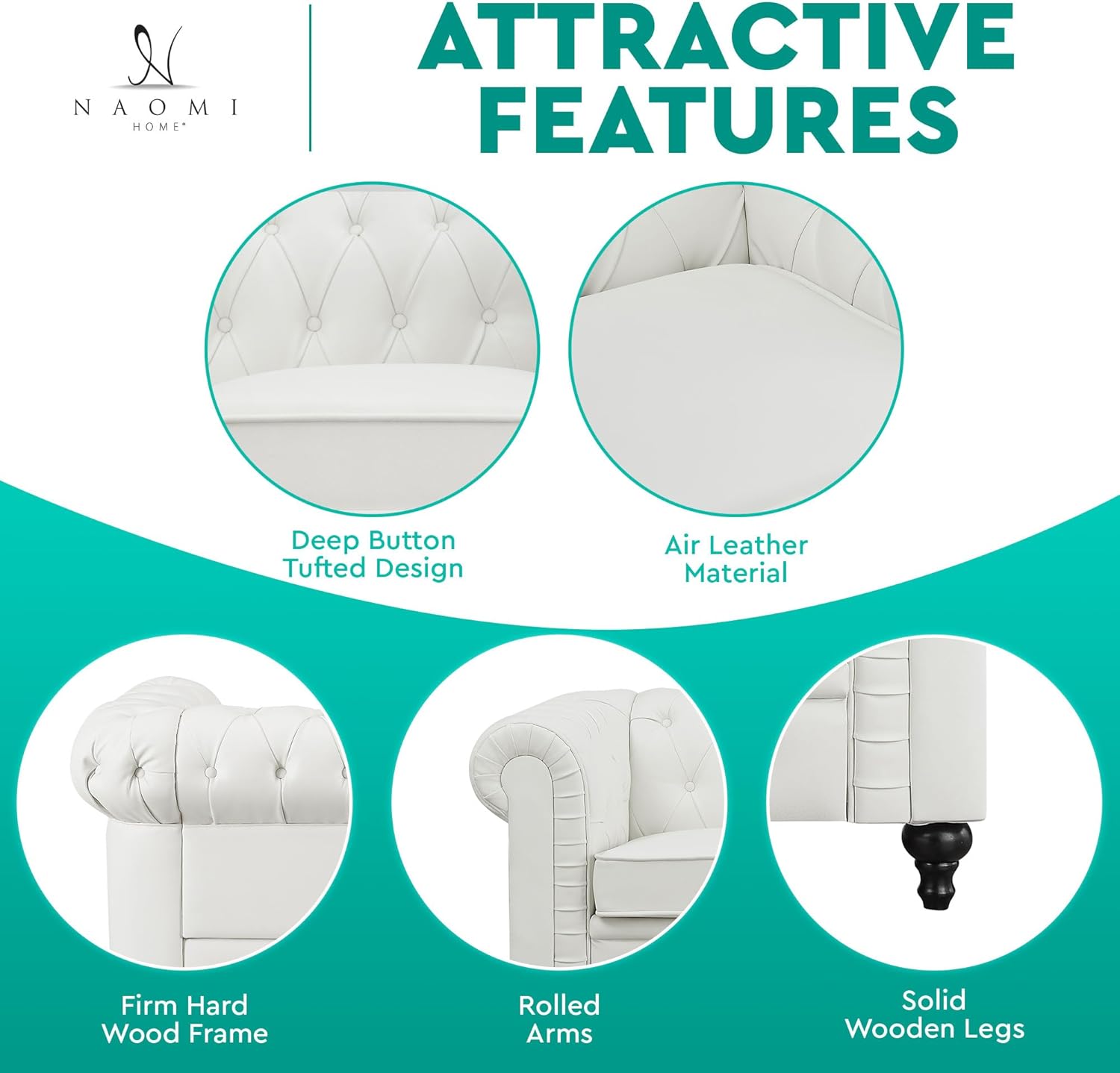 Naomi Home Emery Chesterfield Sofa with Rolled Arms, Tufted Cushions / 3 Seater Sectional Sofa Couch for Small Spaces, Living Room, Bedroom, Apartment Easy Tool-Free Assembly – Off White