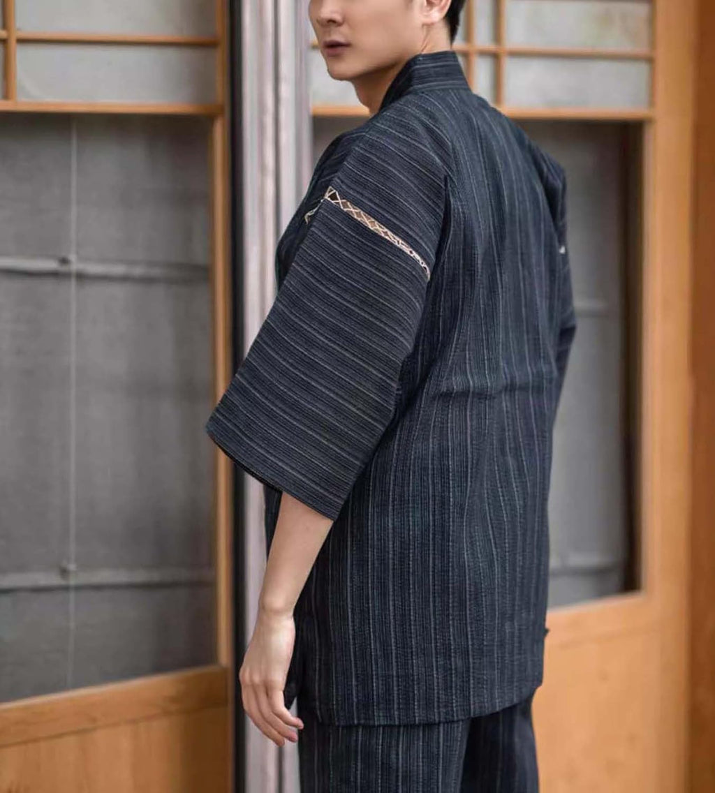 Men's Kimono Japanese Jinbei Shirt and Pant Cotton Linen Loungewear Lounge Set Spa Bathrobe, Style 5 Multicolor