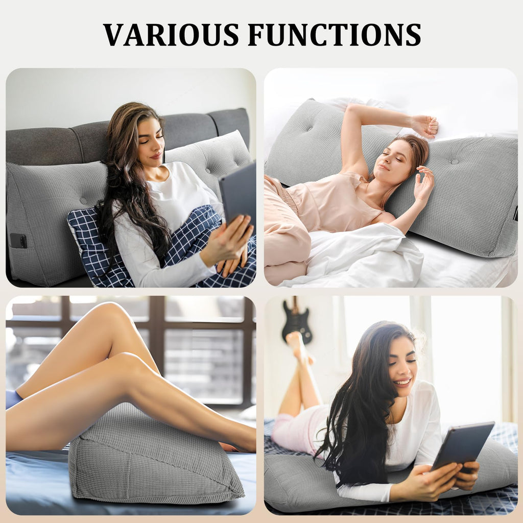 Huatean Home Headboard Pillow Queen, Backrest Triangular Wedge Pillow Headboard Queen, Large Cushion Headboard Wedge Pillows for Sitting in Bed, Daybed Bolster Pillow Headboard for Back Support, Gray