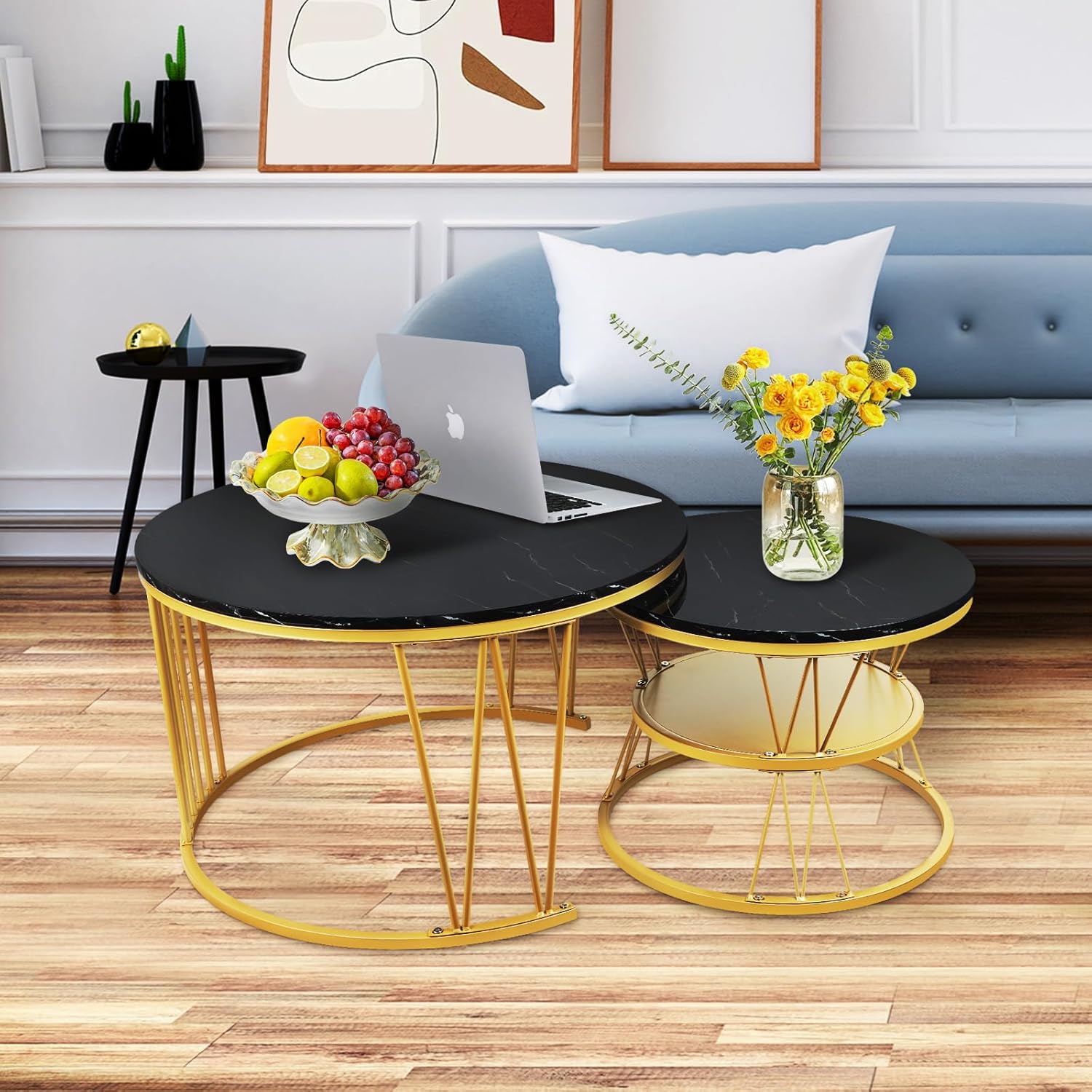 Round Nesting Coffee Tables Set: Black Gold Marble Coffee Table Set of 2 - Modern Metal Stacking Side Table for Living Room Small Spaces