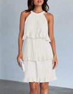 ZESICA Women's 2024 Summer Halter Dresses Sleeveless Ruffle Tiered Layered Chiffon Pleated A Line Swing Mini Dress,White,Small
