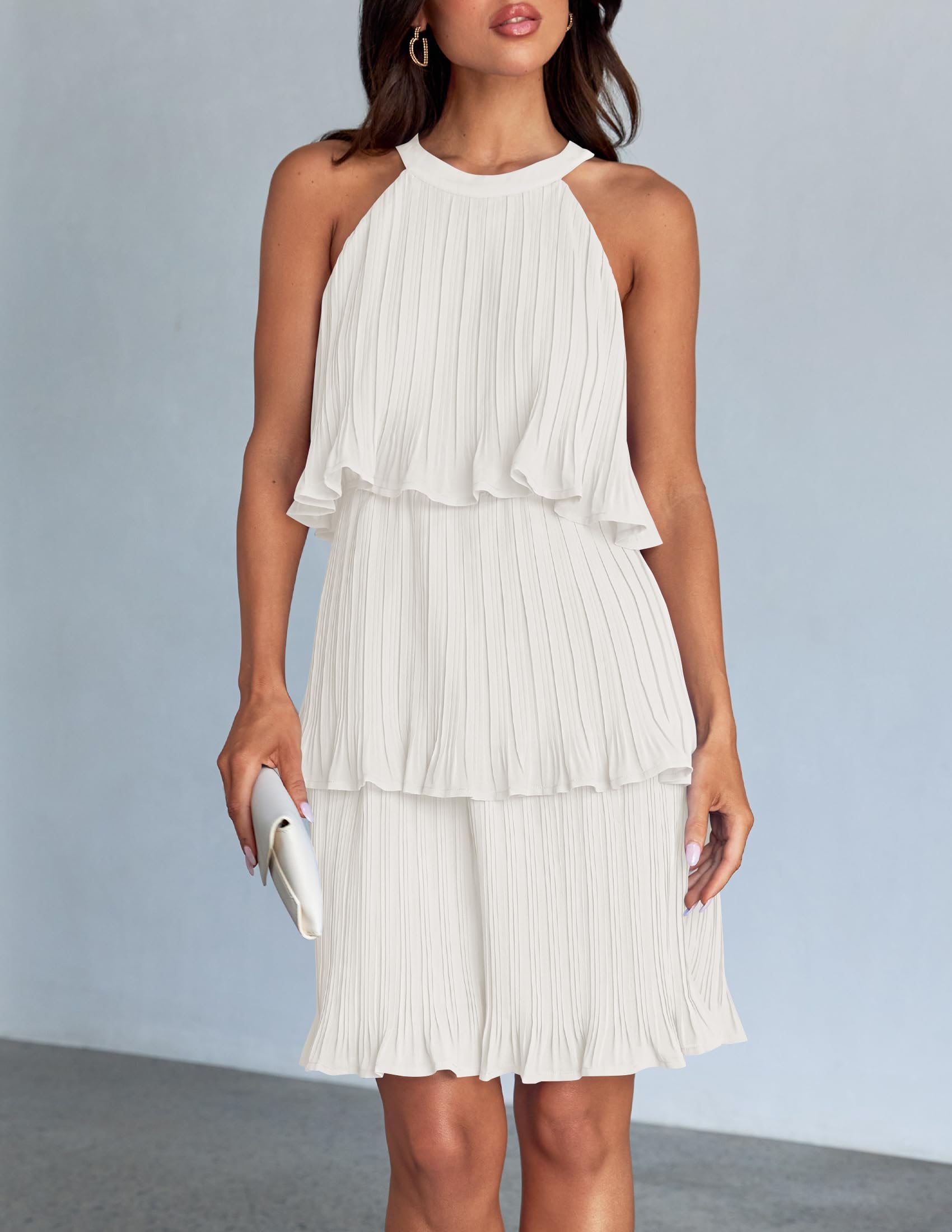ZESICA Women's 2024 Summer Halter Dresses Sleeveless Ruffle Tiered Layered Chiffon Pleated A Line Swing Mini Dress,White,Small