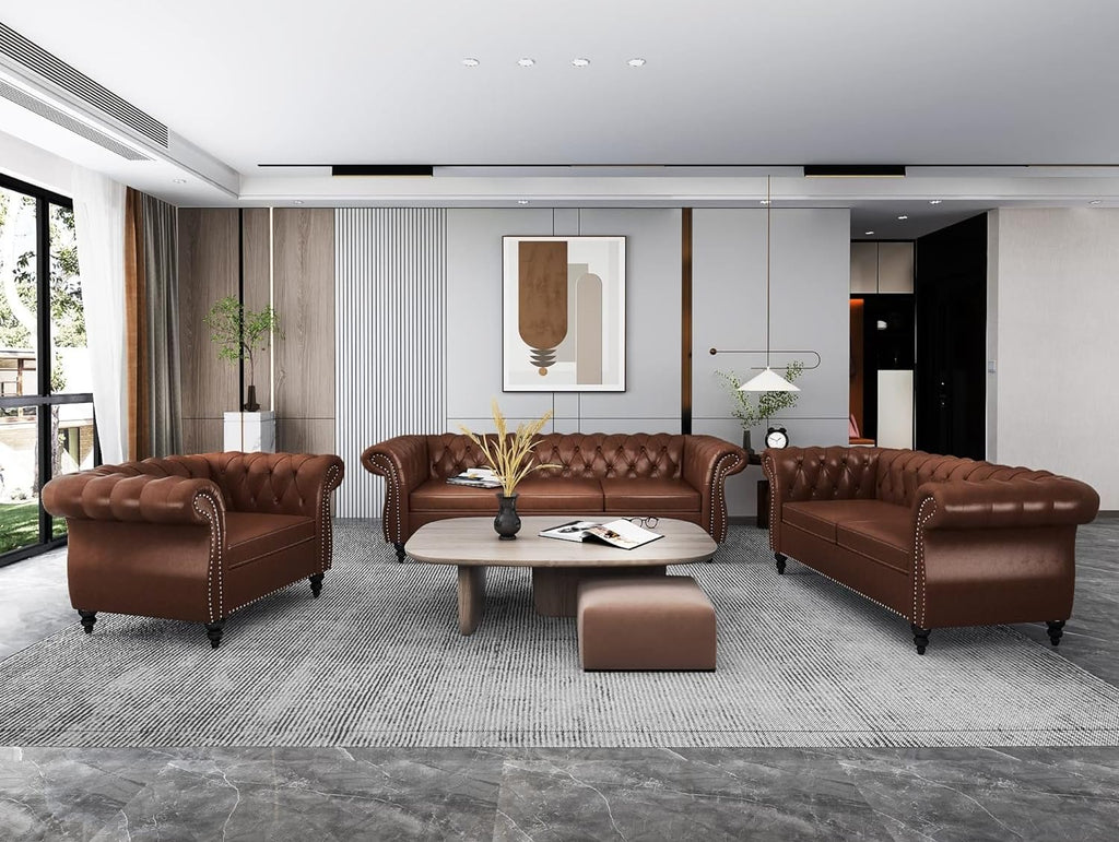 AVZEAR 3-Piece Living Room Sectional Sofa Set, Green Velvet Couch Upholstered Sofa Modern Sofa Couches Set Style Button Tufted, Velvet Chesterfield Sofa for Living Room Apartment, 1+2+3 Seat Green