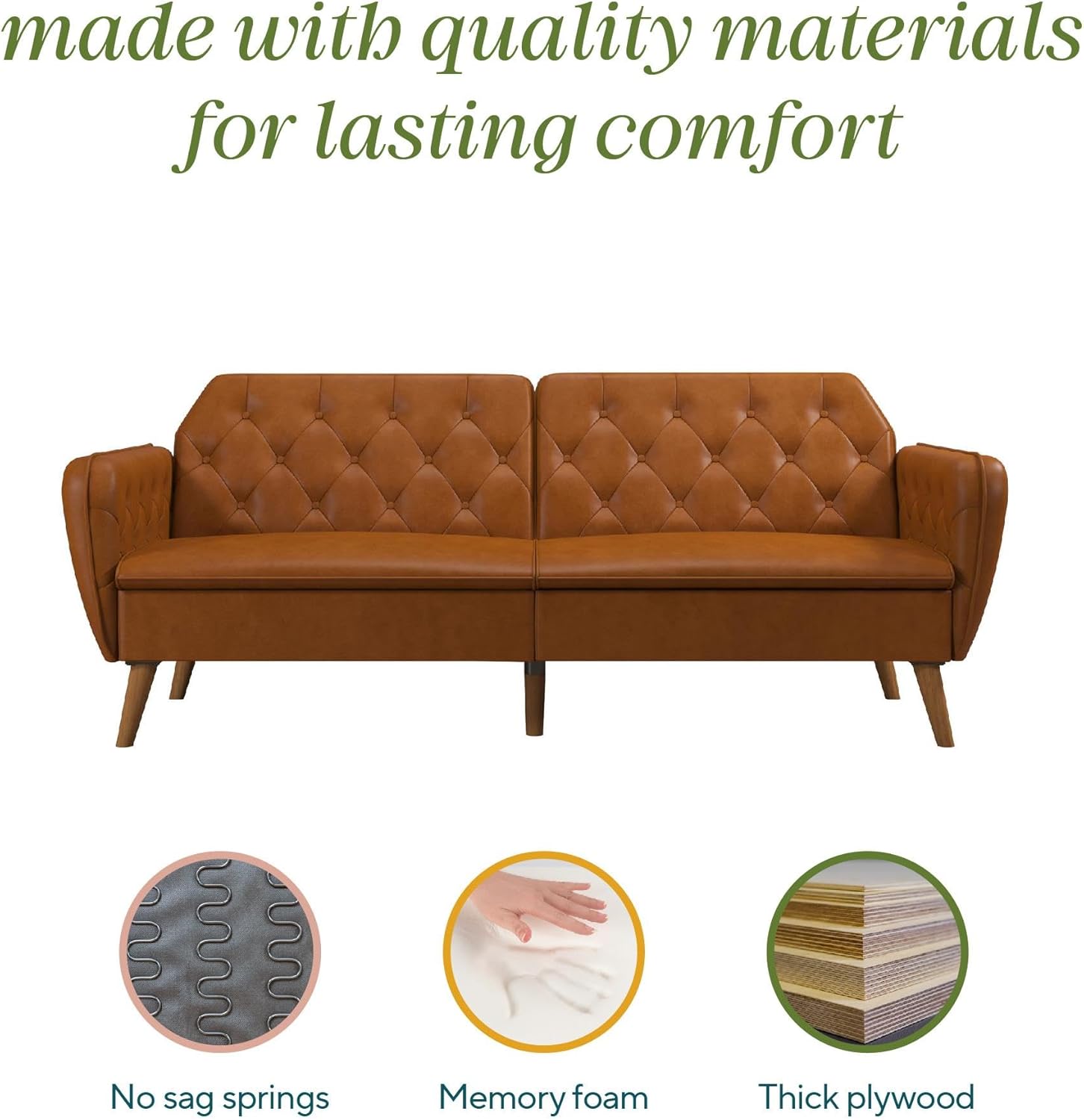 Novogratz Tallulah Memory Foam Futon, Convertible Couch, Camel Faux Leather