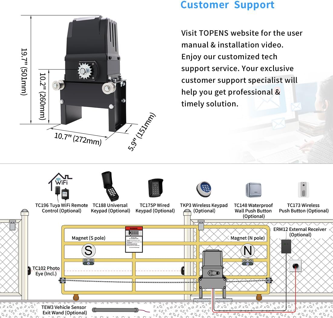 TOPENS CK2500 Automatic Sliding Gate Opener Chain Drive Electric Gate Motor for Heavy Driveway Slide Gate Up to 5700 Pounds Security Gate Operator AC Powered with 20ft Roller Chain and Remote Control