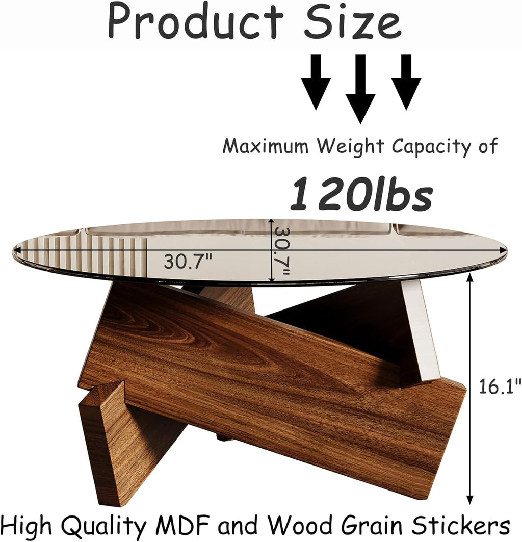 Honyee Modern Round Coffee Table, 30.7" x 30.7" x 16.1" Tempered Glass Top for Living Room, Color: Walnut