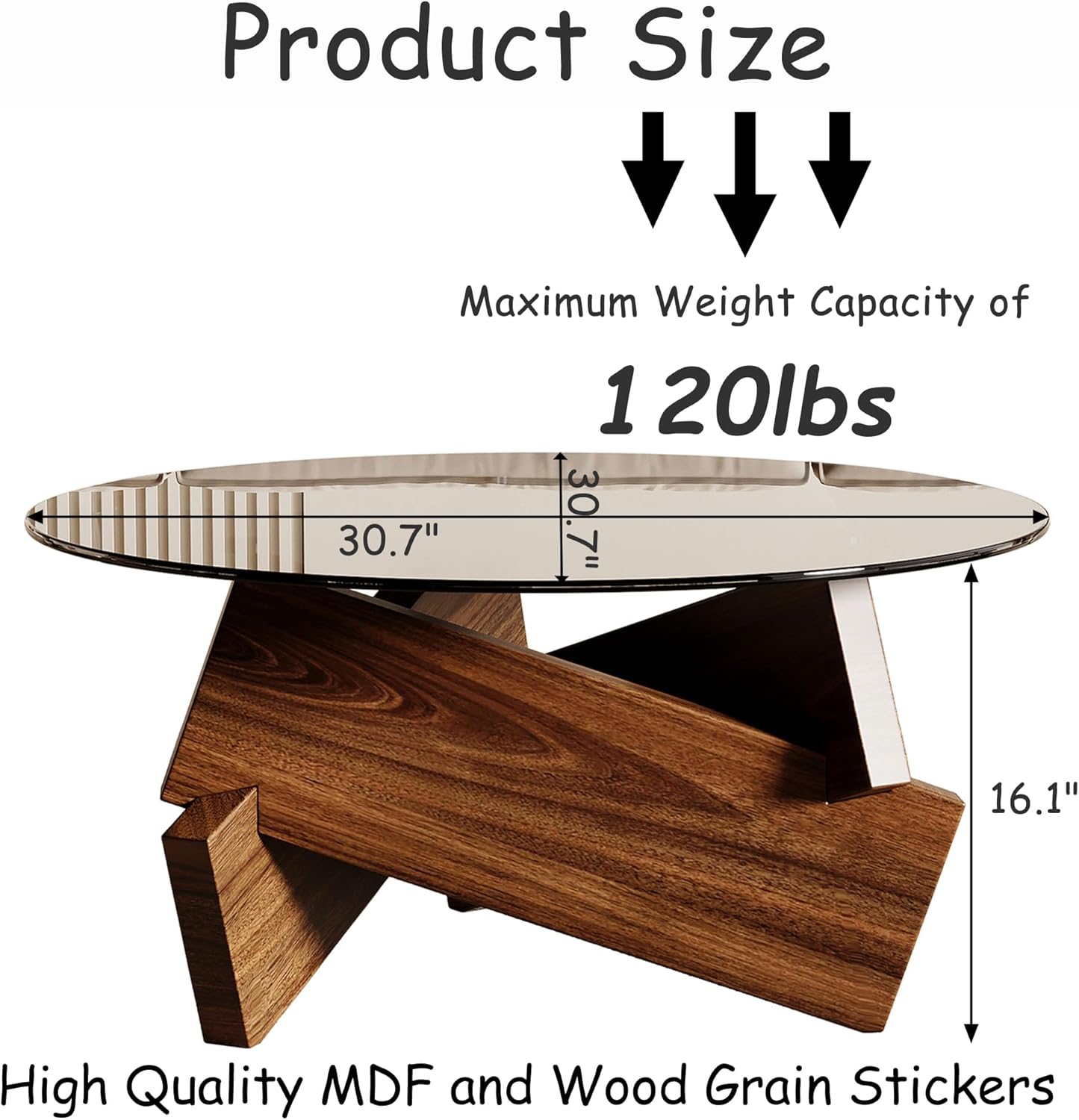 Honyee Modern Round Coffee Table, 30.7" x 30.7" x 16.1" Tempered Glass Top for Living Room, Color: Walnut