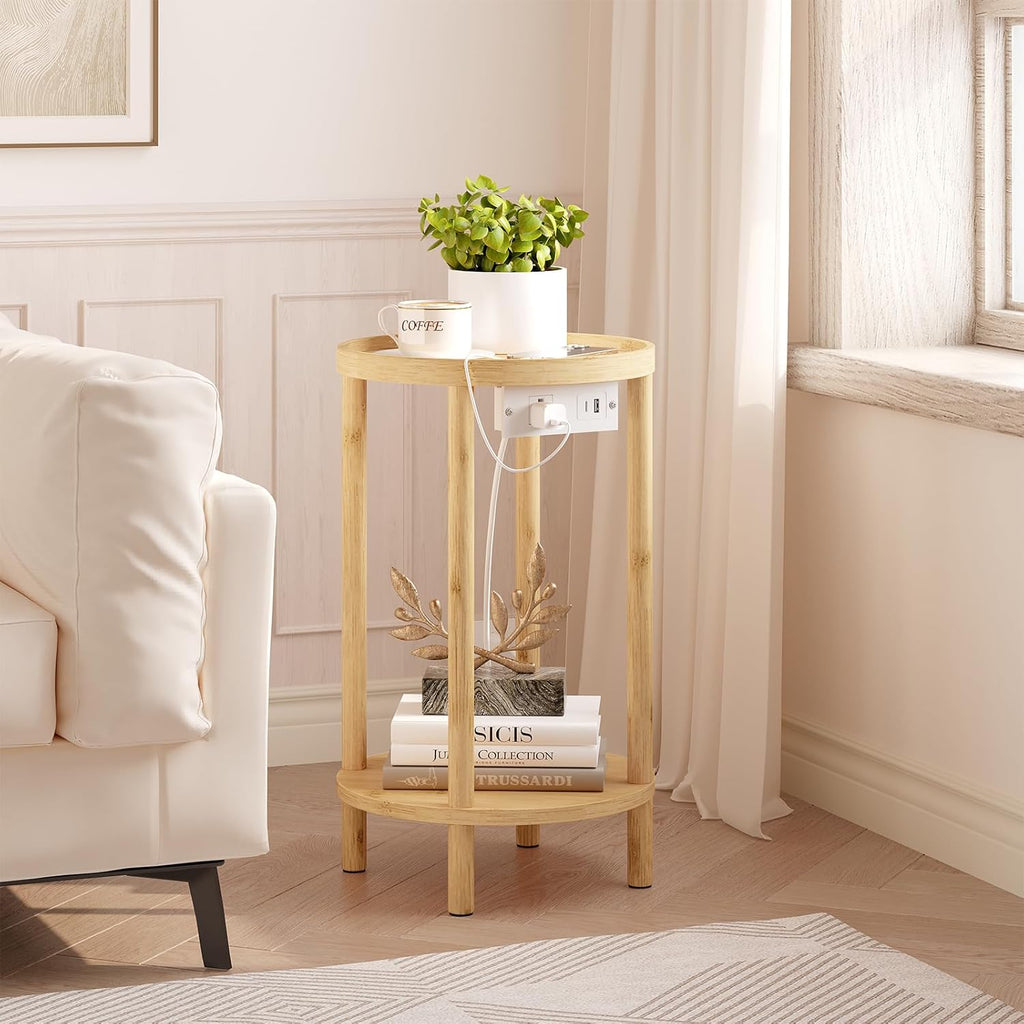 HOOBRO Small Round Side Table with Charging Station, 2-Tier Round Bamboo End Table, Compact Sofa Bedside Table for Small Space, Easy Assembly, for Living Room, Bedroom, Apartment, Natural YL156UBZ01