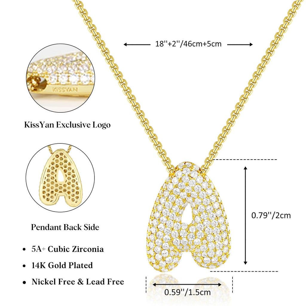 KissYan Bubble Letter Necklace, 14K Gold Plated Balloon Initial Pendant Box Chain Necklace Dainty Pave CZ Jewelry Gift for Women(20mm A)