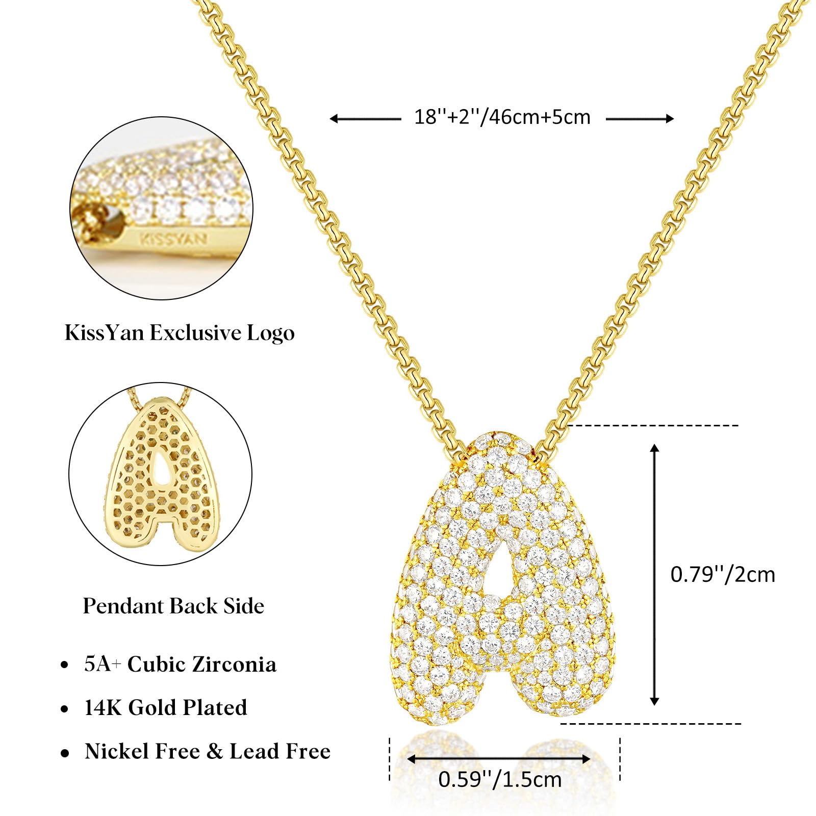 KissYan Bubble Letter Necklace, 14K Gold Plated Balloon Initial Pendant Box Chain Necklace Dainty Pave CZ Jewelry Gift for Women(20mm A)