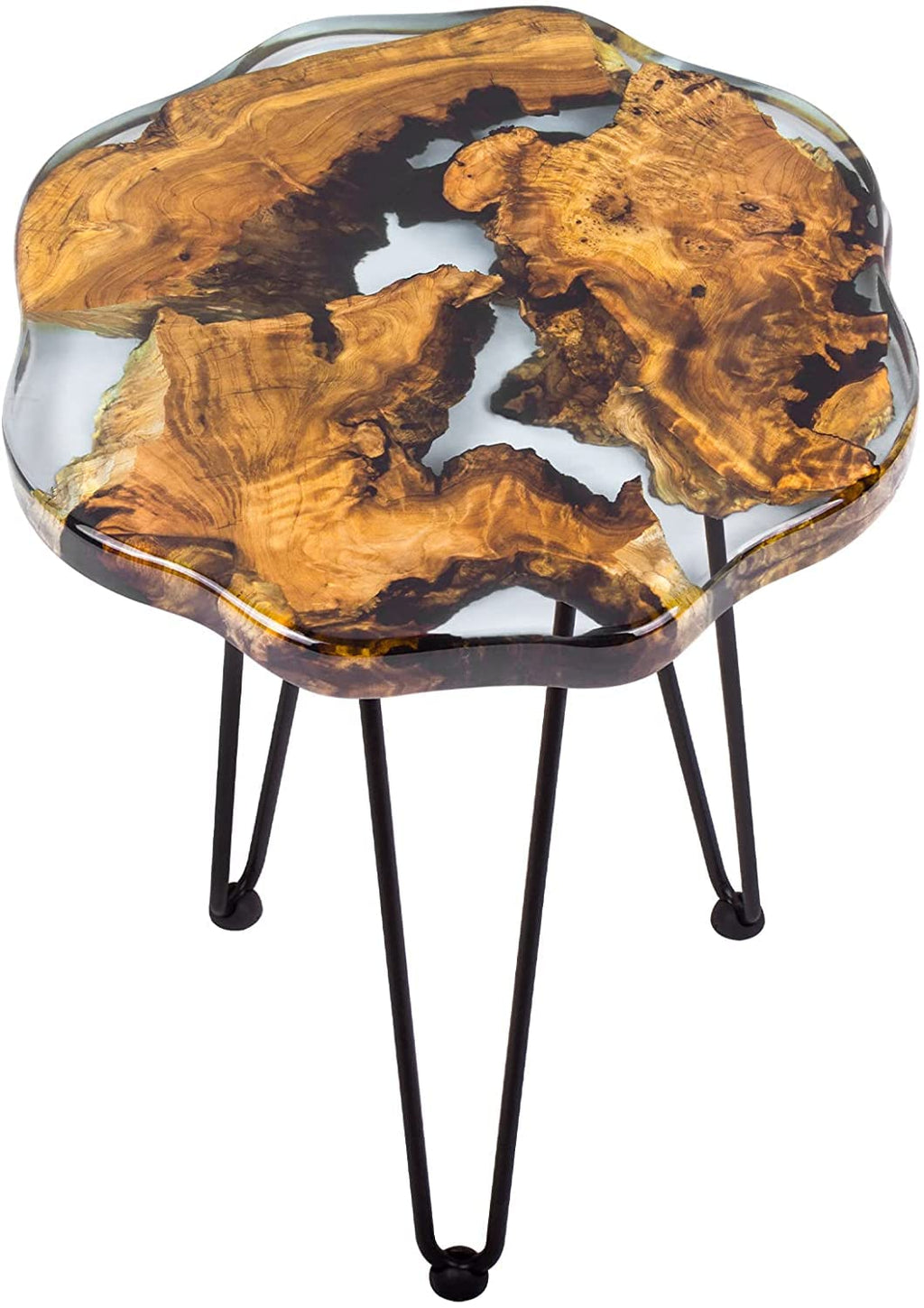 Crystal Clear Epoxy Resin Natural Edge Wood end Table, Wood Resin Side Table Hand Made Craft Coffee Table with Hairpin legs-20 inch Tall (Blue)