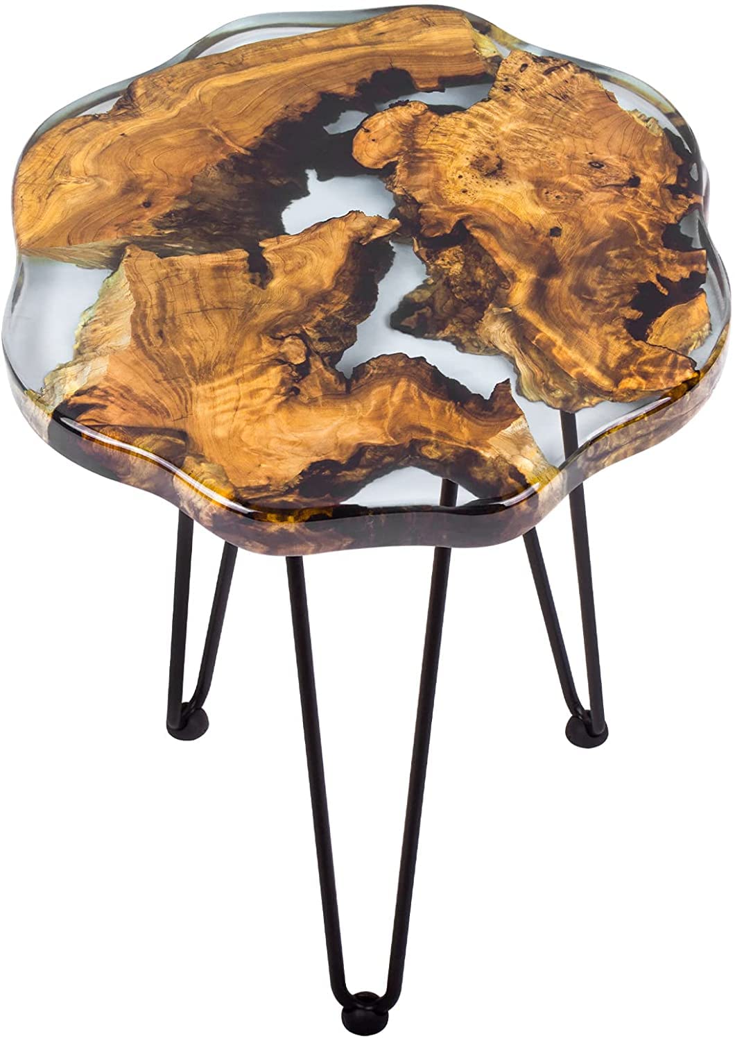 Crystal Clear Epoxy Resin Natural Edge Wood end Table, Wood Resin Side Table Hand Made Craft Coffee Table with Hairpin legs-20 inch Tall (Blue)