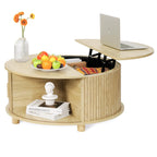 Round Lift Top Coffee Table with Storage, Mid Century Modern Center Table with 180° Sliding Tambour Door, Small Circle Wood Fluted Dining Table for Living Room, Walnut