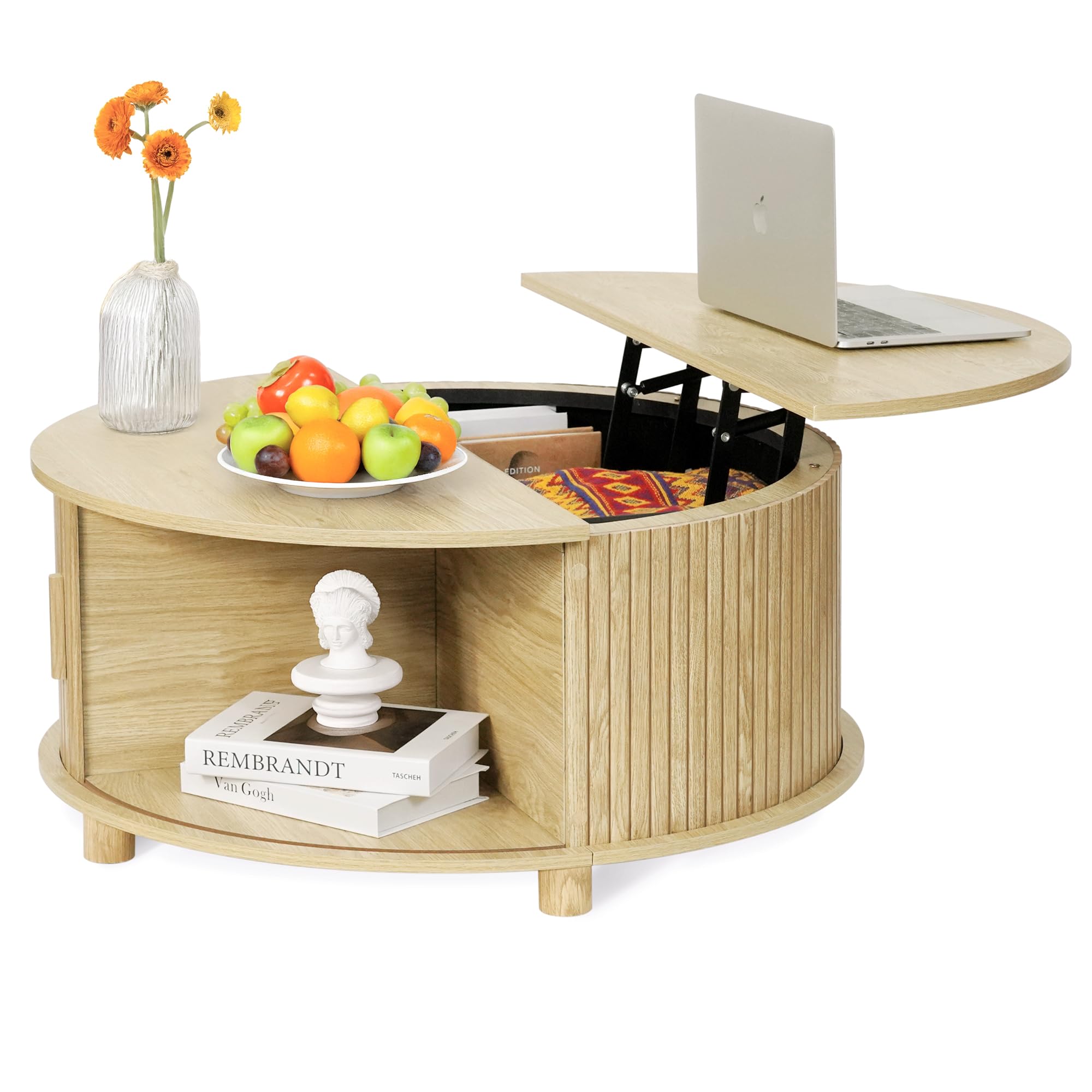 Round Lift Top Coffee Table with Storage, Mid Century Modern Center Table with 180° Sliding Tambour Door, Small Circle Wood Fluted Dining Table for Living Room, Walnut