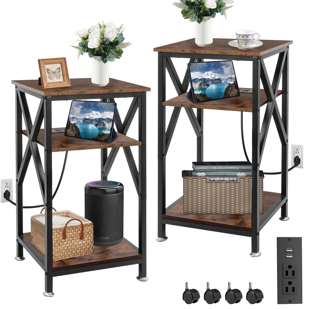 End Tables Living Room Set of 2 Farmhouse, Side Table with Storage Shelf, 16" W x 12" D x 24" H, 3 Tier Side Table Set of 2, X-Shaped Night Stands for Bedrooms, Coffee Table