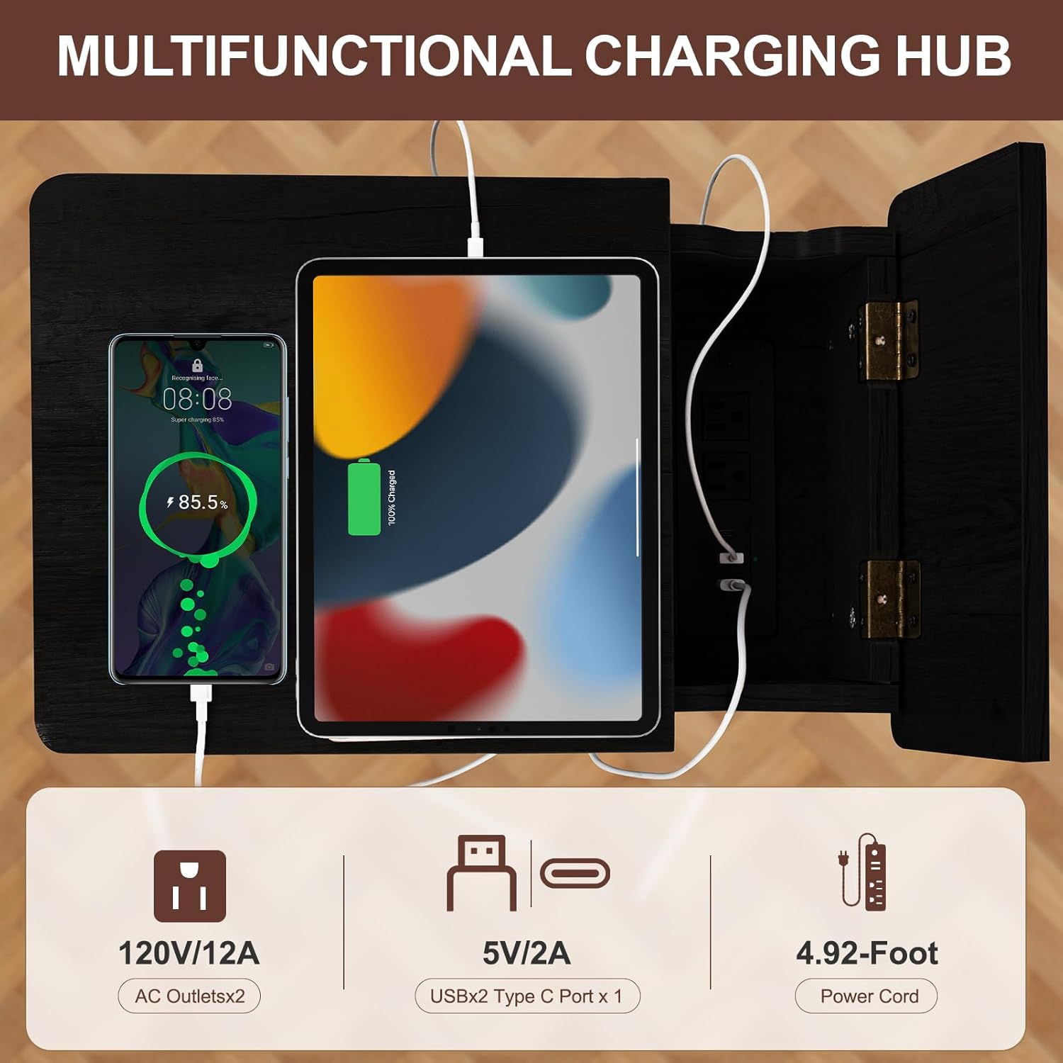 Small Black Side Table Charging Station for Bedroom, Narrow Black Living Room End Tables with Storage, Skinny USB Nightstand with Outlet, Gaming Coffee Table for Couch with USB Ports