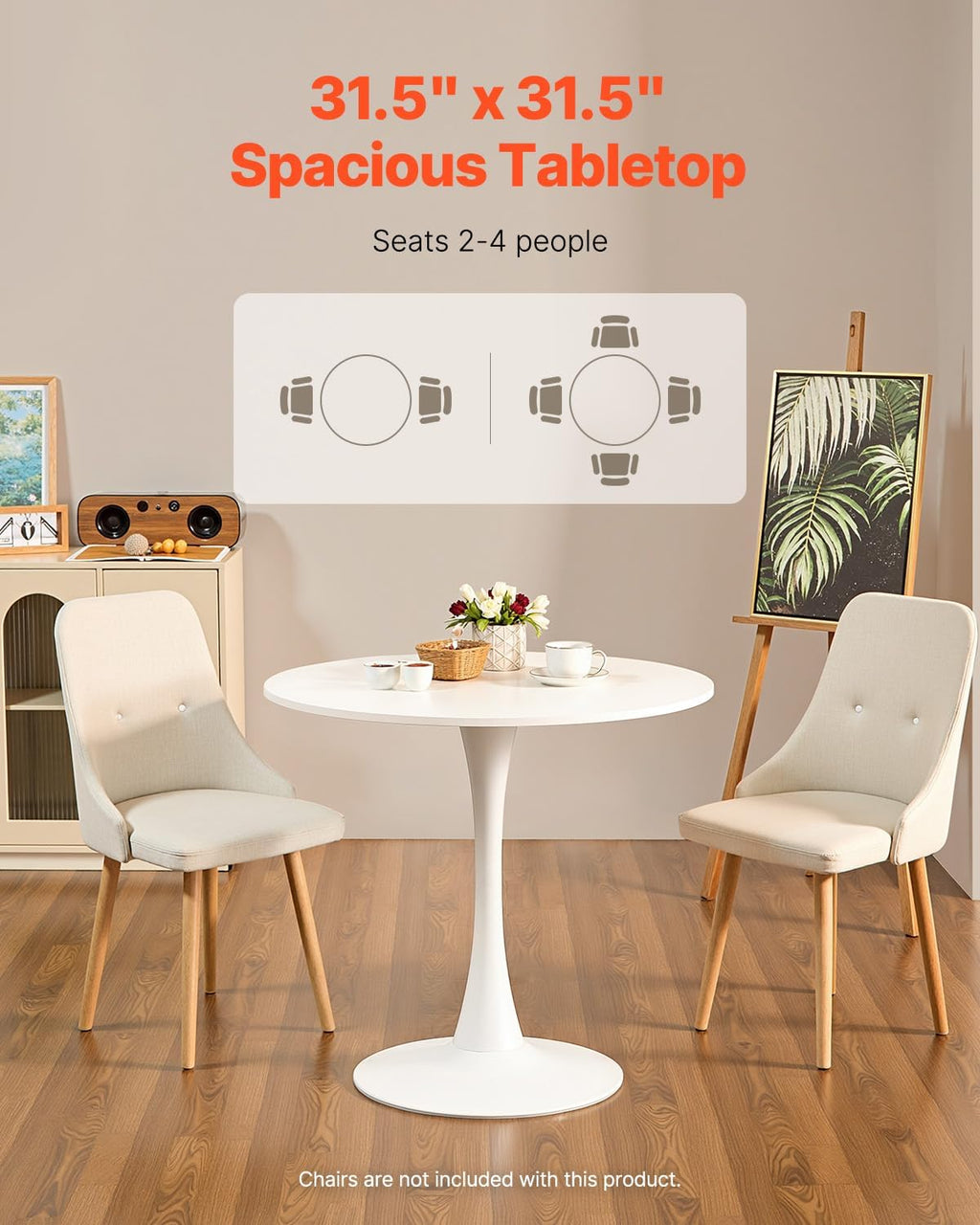 VEVOR Round Dining Table, 31.5 in Wood Table for 2-4 Person, Modern Circle Furniture, Leisure Coffee Office Tables with Pedestal Base in Tulip Design, for Home Kitchen Living Room, White(Only Table)