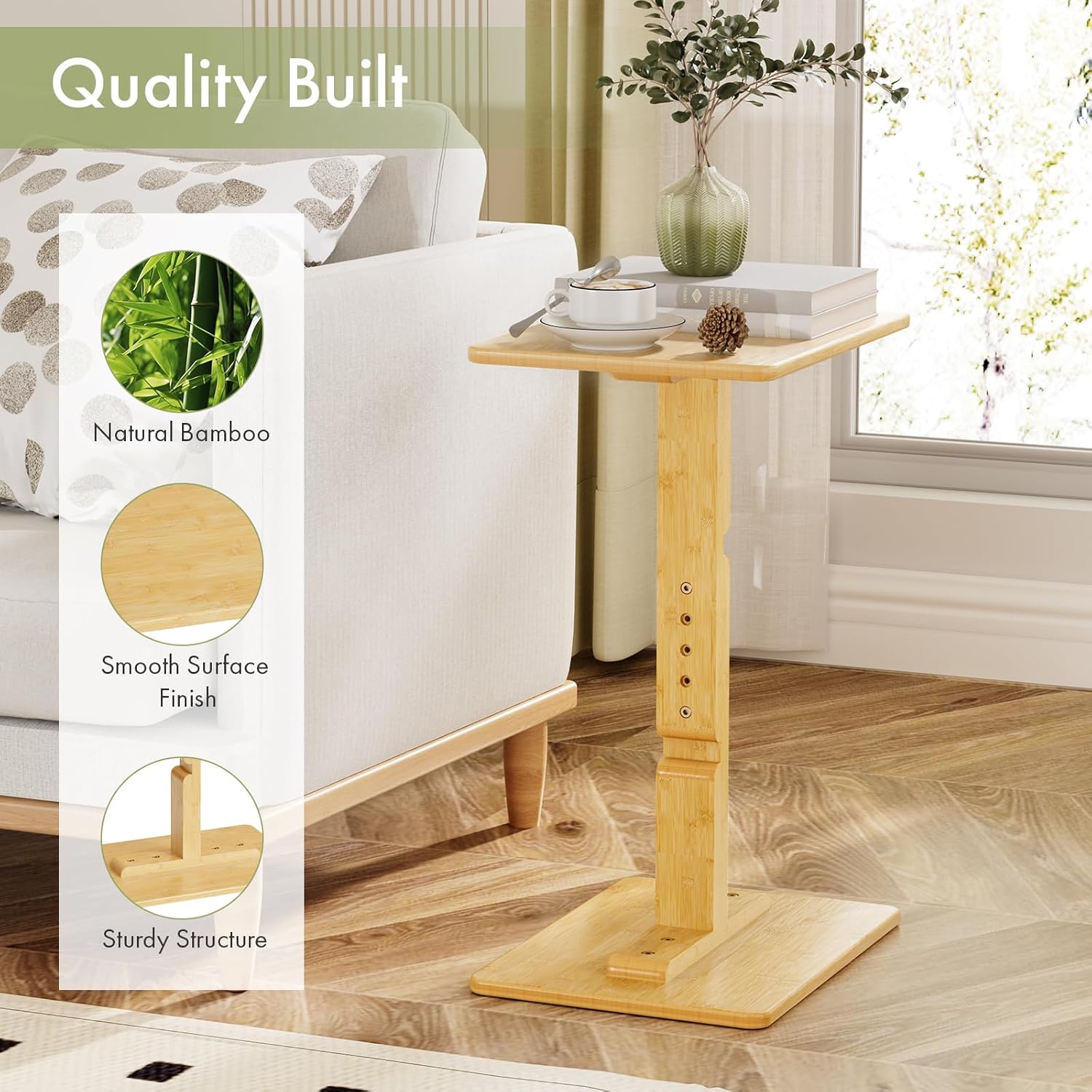 Amazer Bamboo End Table, Height Adjustable Side Table for Couch, Small Drink Table for Small Places, Sofa Tray Table for Living Room, Bedroom Home Office, Natural Color