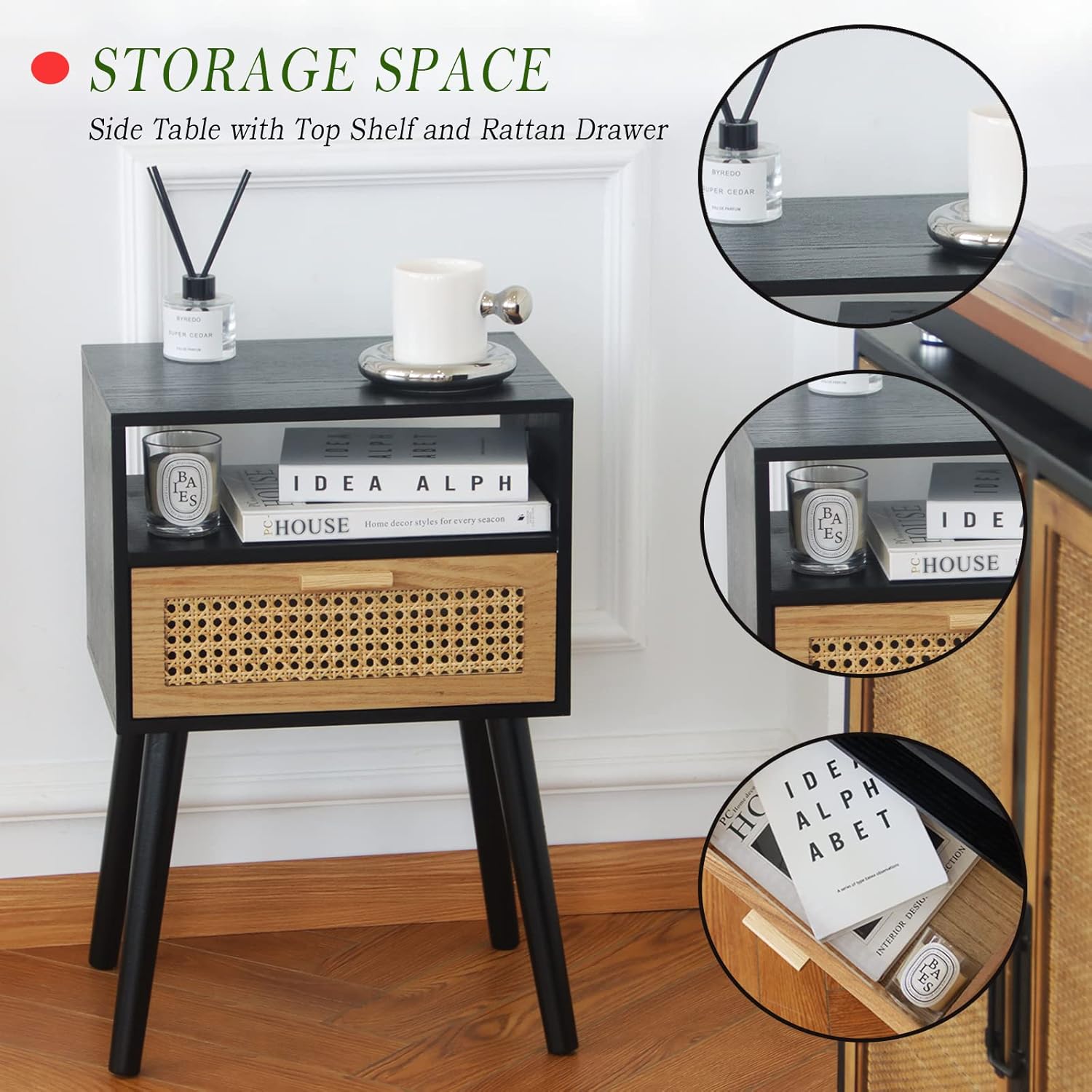 MaxSmeo End Table with Storage Mid Century Nightstand with Rattan Drawer and Shelf, Wood Small Side Coffee Table for Small Space, Living Room and Bedroom, Easy Assembly (Black)